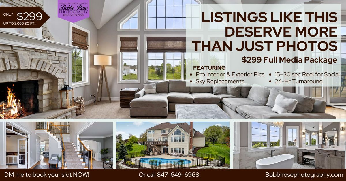 Real estate media package ad promoting $299 deal for interior and exterior photos, social media reel, and sky replacements.